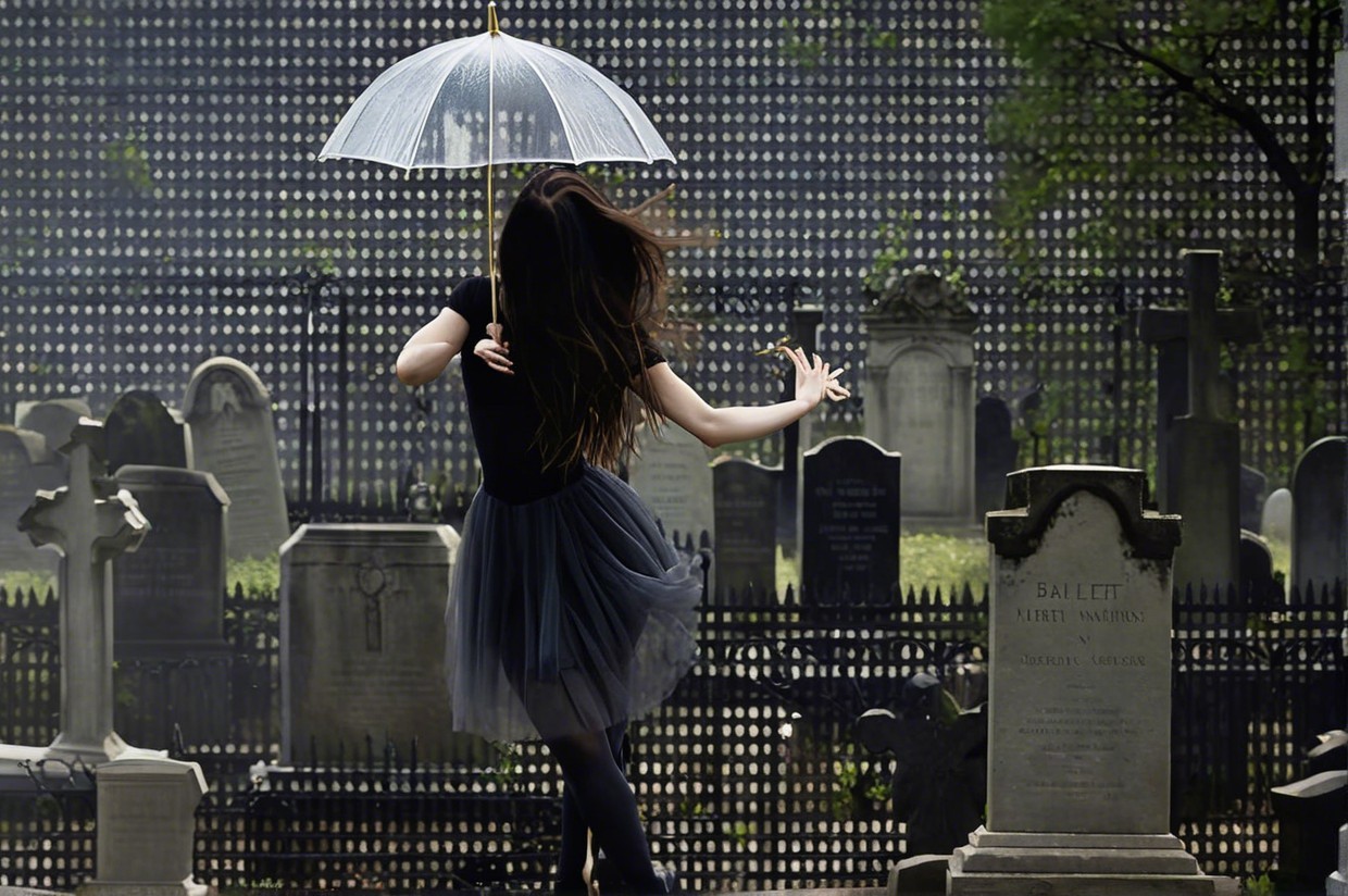 Dancer in Black Tutu Twirls in Misty Cemetery