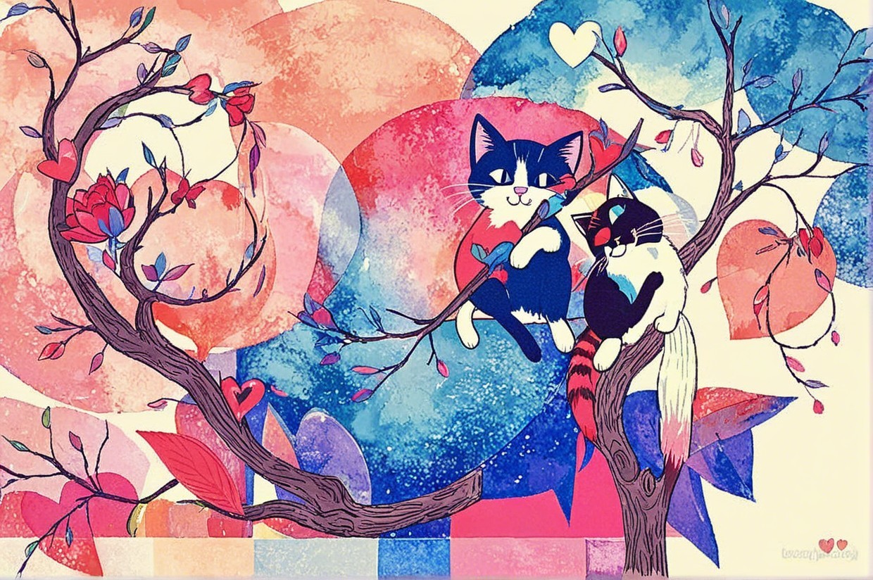 Whimsical Illustration of Playful Cats on Branches