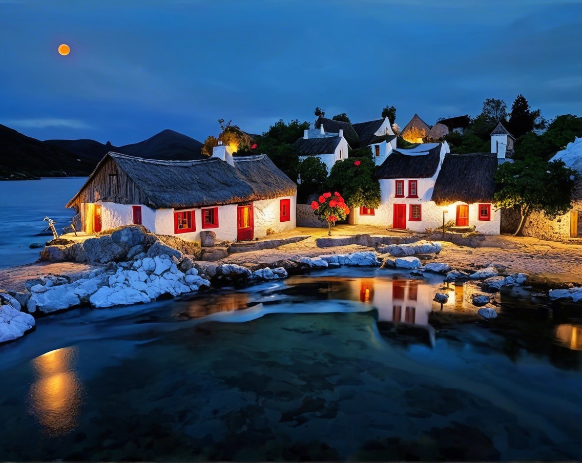 Twilight Village Scene with Cottages and Moonlight