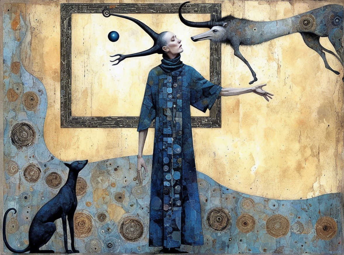 Surreal Scene with Figure, Abstract Shapes, and Creatures
