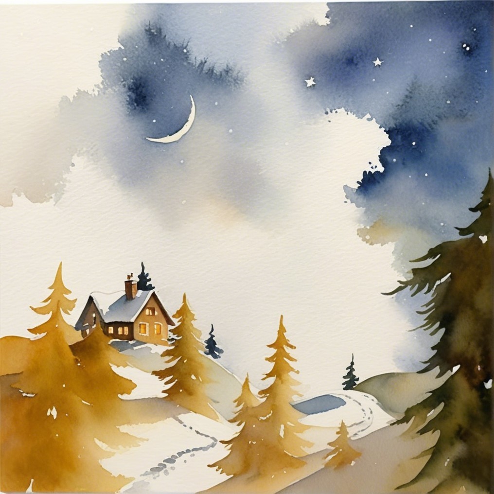 Cozy Cabin in a Snowy Winter Landscape at Night