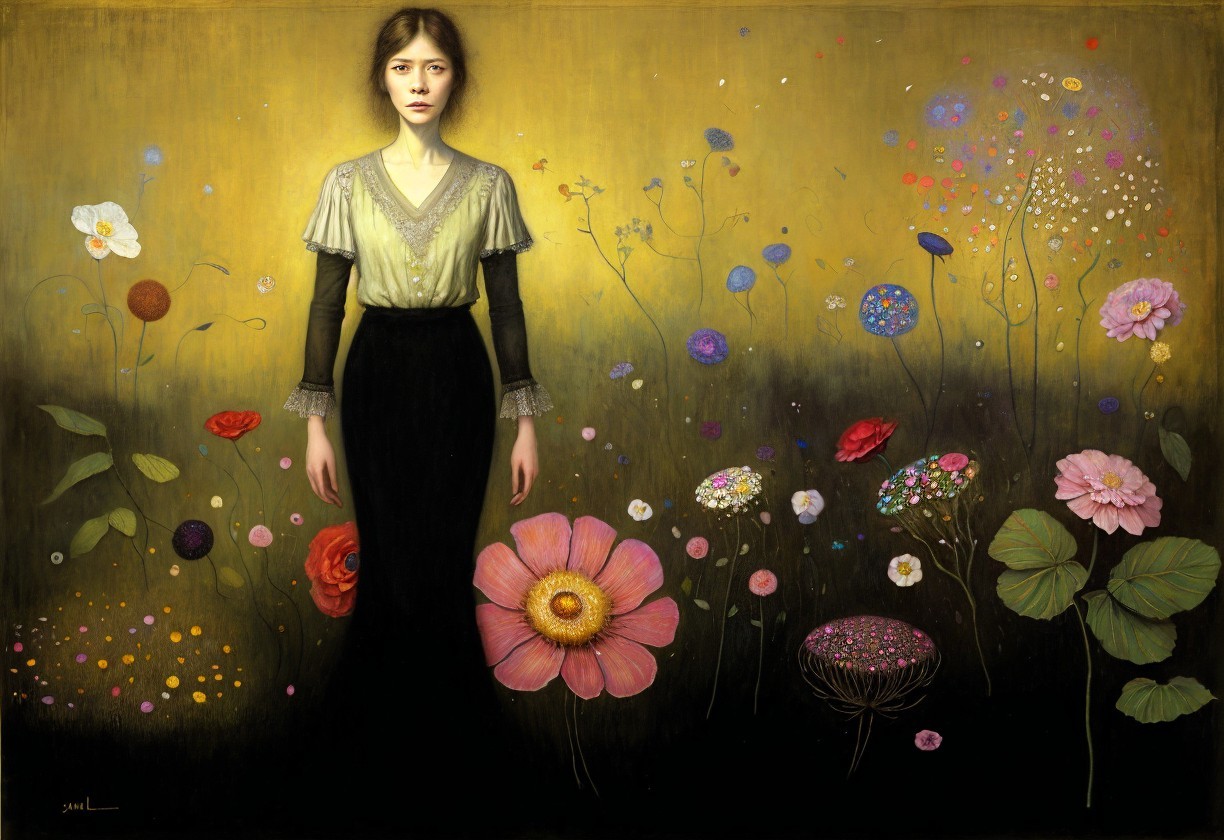 Young woman in light green blouse with floral backdrop