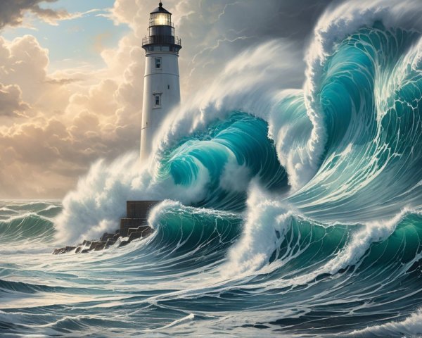 Dramatic Seascape with Lighthouse and Stormy Waves