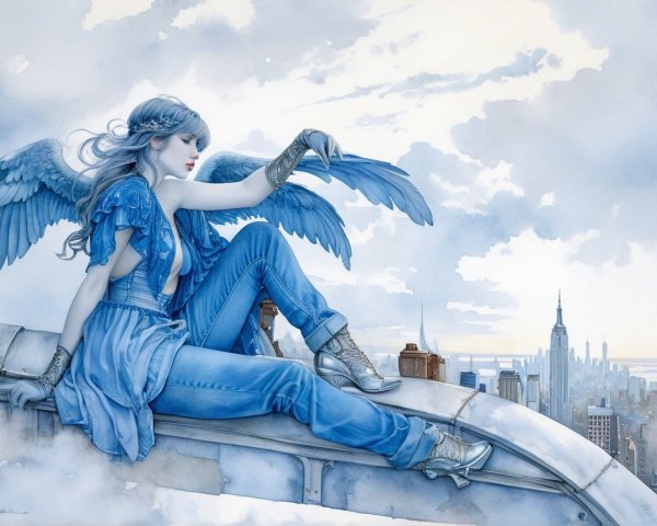 Serene Figure with Blue Wings Over Cityscape