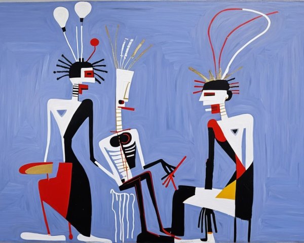 Abstract Figures with Elongated Bodies on Blue Background