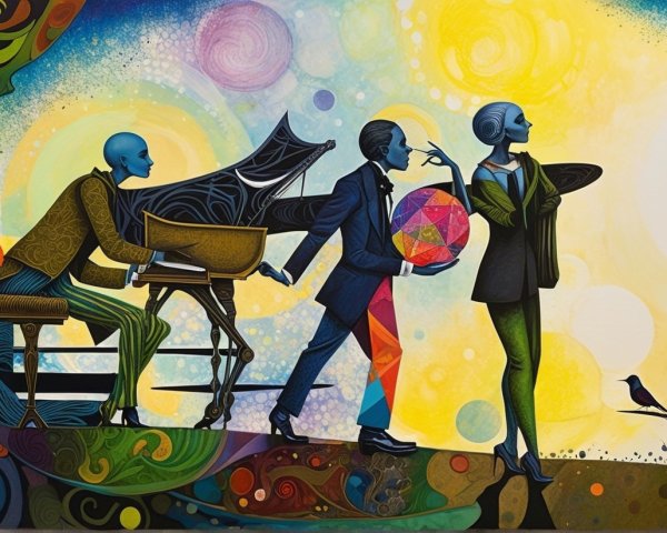 Abstract Scene with Three Figures in Whimsical Landscape