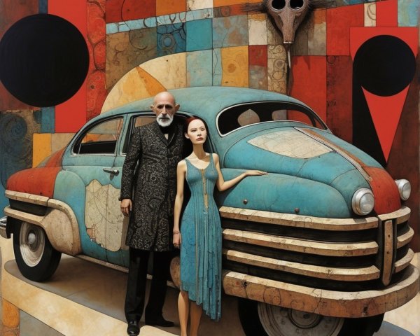 Surreal Artwork with Figures and Vintage Car Elements