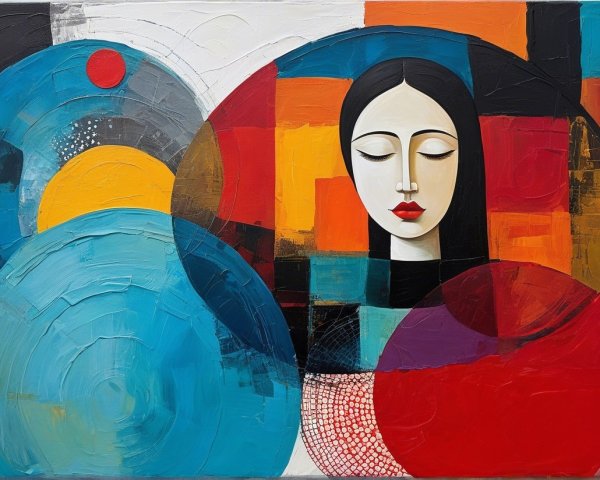 Stylized Female Figure Surrounded by Geometric Shapes