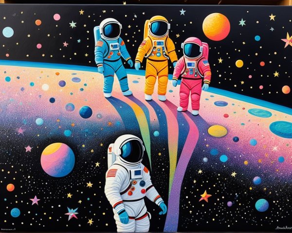 Astronauts on a Colorful Rainbow-Streaked Planet