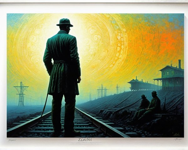 Lone Figure on Railway Track Under Vibrant Sunset