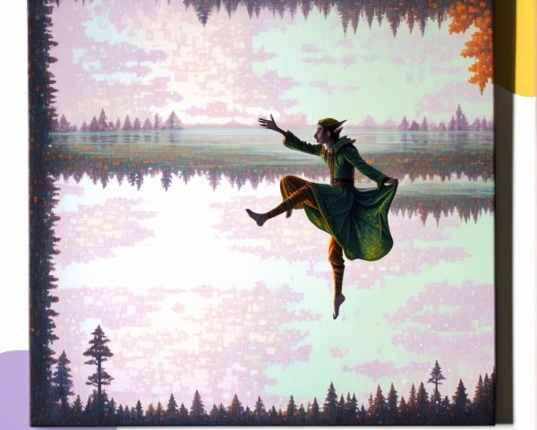 Elf-like Figure Leaping Over a Mirrored Landscape