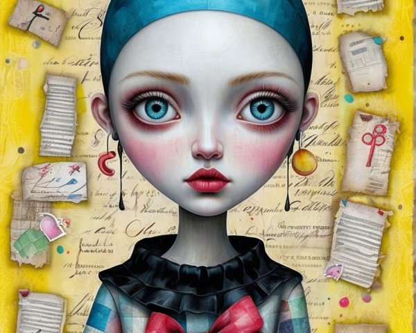 Stylized girl with blue eyes in checkered outfit