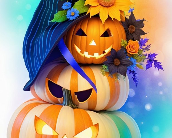 Stacked pumpkins with carved expressions and decorations