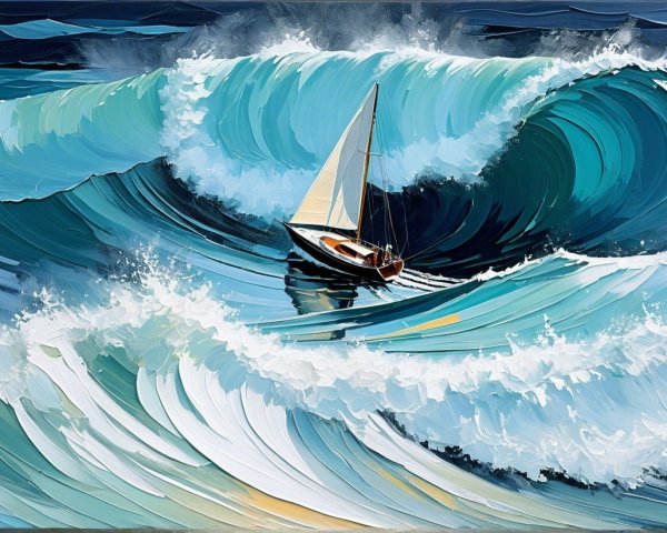 Seascape of a Sailboat Amidst Swirling Waves