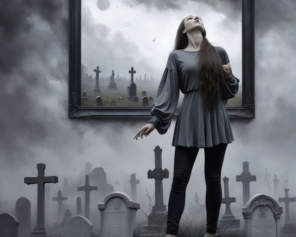 Woman in Gray Top in Misty Graveyard Scene