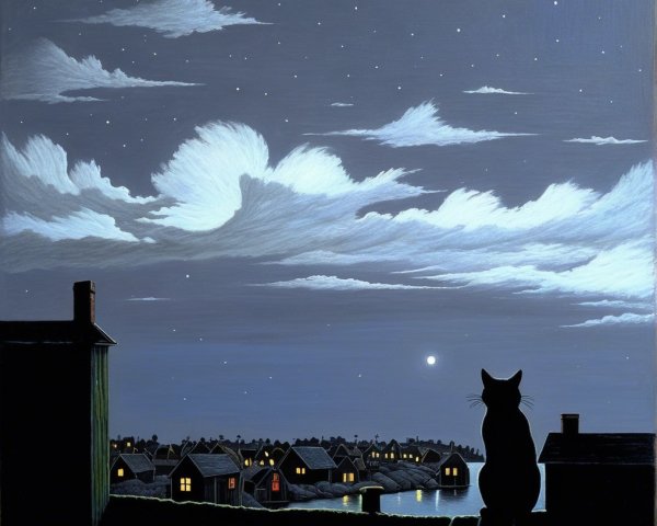 Black Cat on Rooftop Under Starry Night Sky