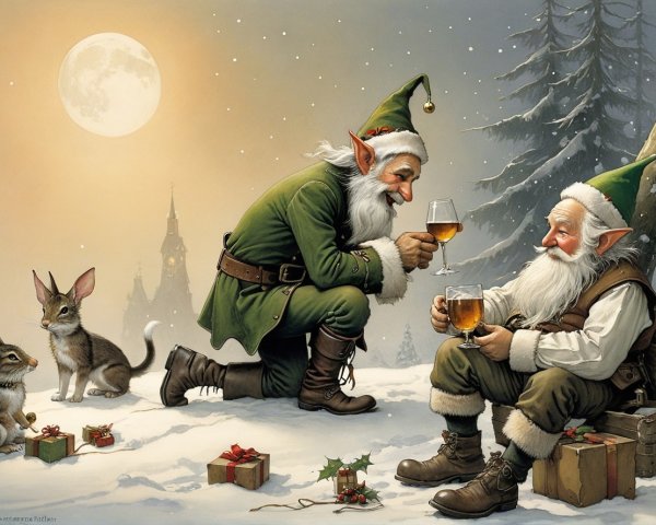 Elves Toasting in Snowy Landscape with Golden Drinks