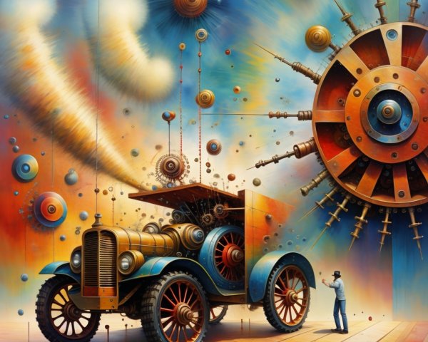 Vintage Car in Whimsical Steampunk Scene with Clouds