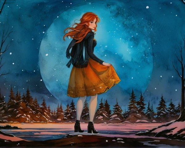 Young Woman in Snowy Landscape with Glowing Moon