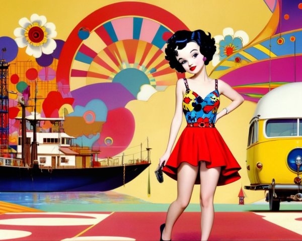 Stylized Character with Retro Background and Floral Outfit
