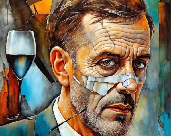 Portrait of a Man with Weathered Face and Wine Glass