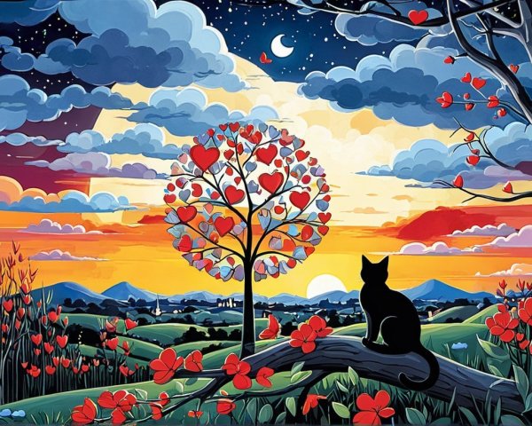 Whimsical Sunset Landscape with Cat and Heart Leaves