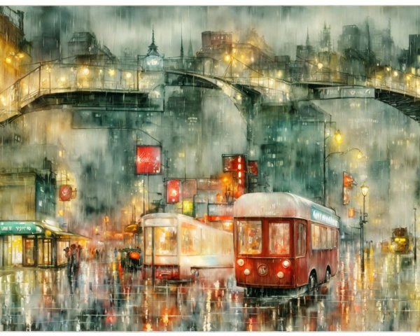 Impressionistic Watercolor of a Rainy City Street