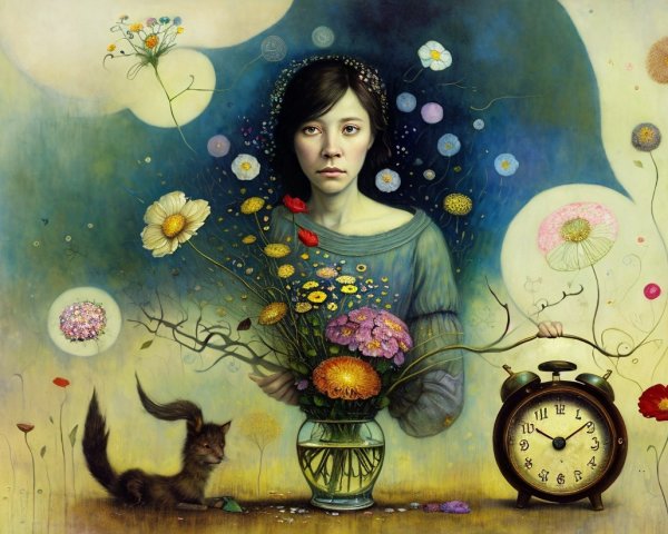 Surreal Portrait of a Woman with Flowers and Time Elements