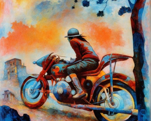 Rider on Vintage Motorcycle Against Sunset Background
