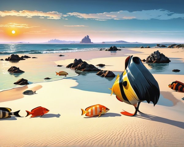 Vibrant Beach Scene at Sunset with Colorful Fish