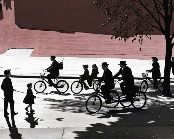 Nostalgic Black and White Street Scene with Silhouettes