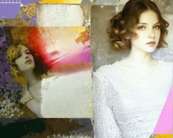 Serene Young Woman in Lace Top with Colorful Backdrop