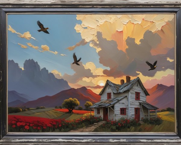 Abandoned White House Surrounded by Sunset Fields