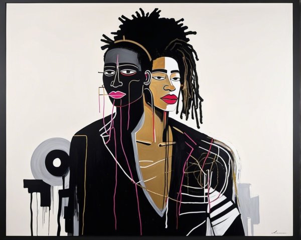 Stylized Figures with Abstract Background in Artwork