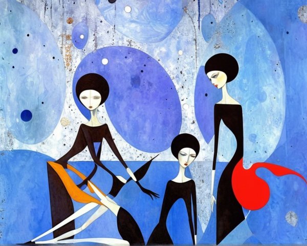 Stylized Figures Against Deep Blue Abstract Background