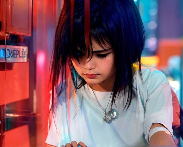Young girl kneeling by a colorful vending machine