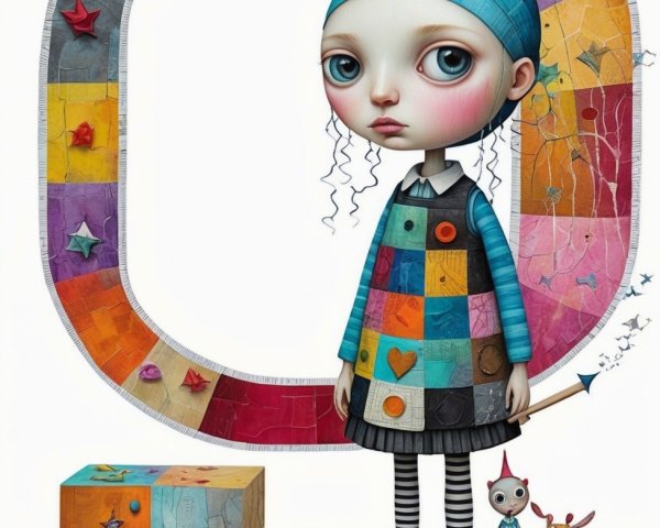 Digital Painting of Doll in Colorful Patchwork Setting