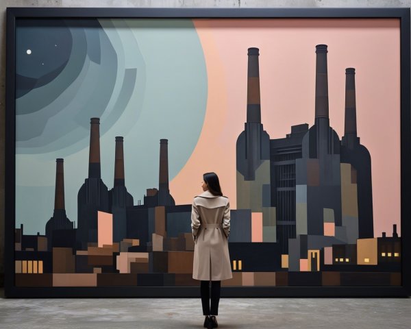 Stylized Factory Painting with Pastel Sky and Geometry