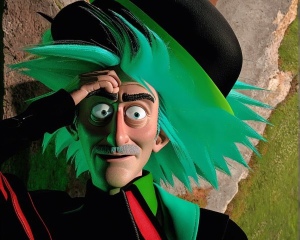 Quirky Animated Character with Green Hair and Hat