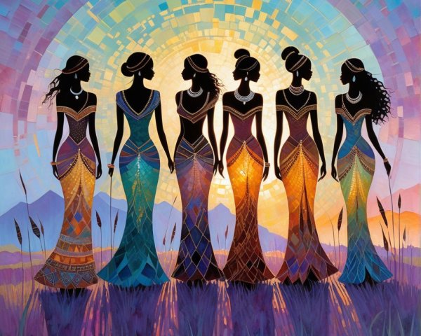 Vibrant Silhouette of Women Against Colorful Sunrise