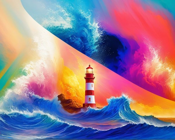 Vibrant Seaside Scene with Lighthouse and Colorful Waves