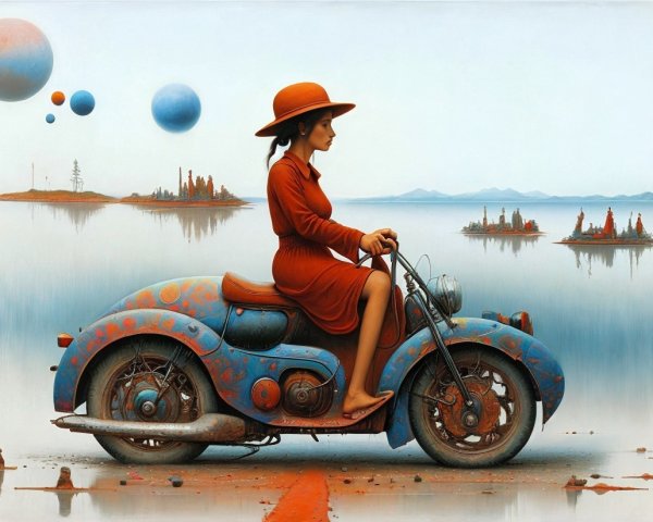 Woman in Red Dress on Blue Motorcycle in Surreal Landscape