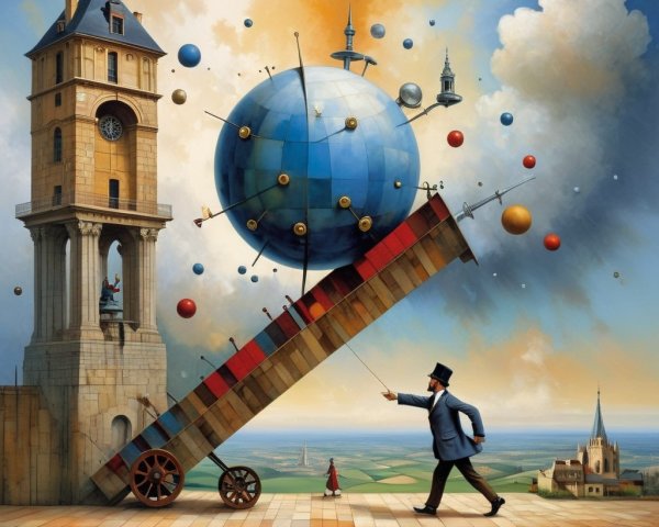 Whimsical Clock Tower and Globe on Inclined Plane Scene
