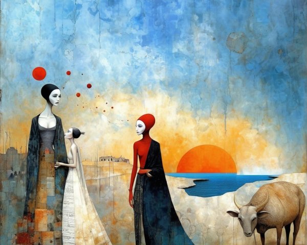 Surreal Landscape with Figures and Vibrant Sunset