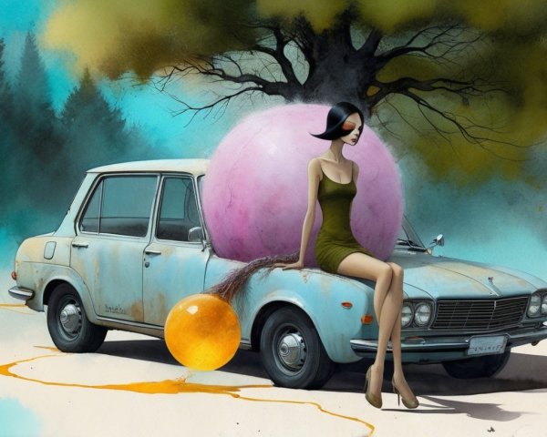 Surreal Scene with Vintage Car and Oversized Bubbles