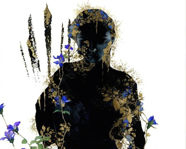 Silhouette with Gold Patterns and Blue Flowers