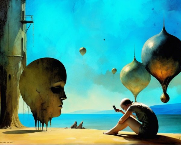 Surreal Beach Scene with Abstract Faces and Balloons