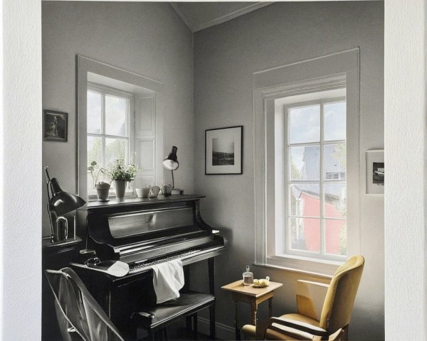 Cozy Monochrome Interior with Piano and Yellow Chair