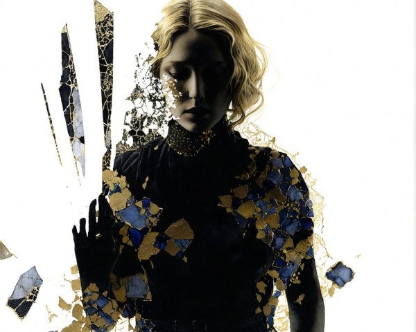 Silhouette of a Woman with Gold and Blue Tessellations