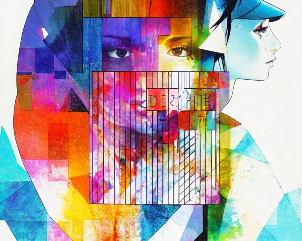 Abstract Artwork of Interwoven Faces and Colors